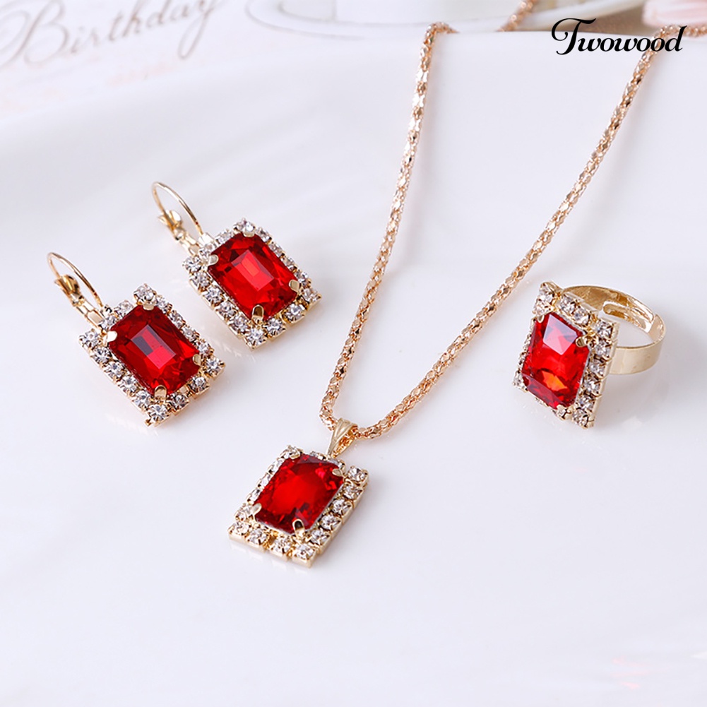 Twowood Fashion Set Perhiasan Wanita Perjamuan Pesta Pernikahan Kalung Anting Cincin Jari