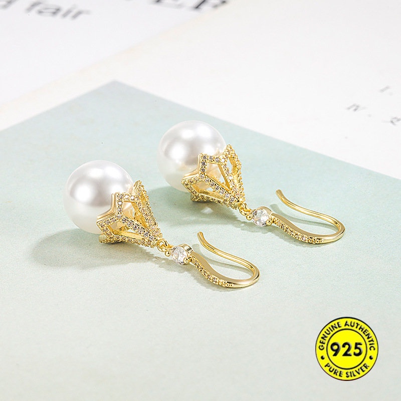 18k Emas Tergabung Zirkon Belah Ketupat Anting Perempuan Sosialita Rumbai Tetesan Air Shell Pearl Earrings U1231