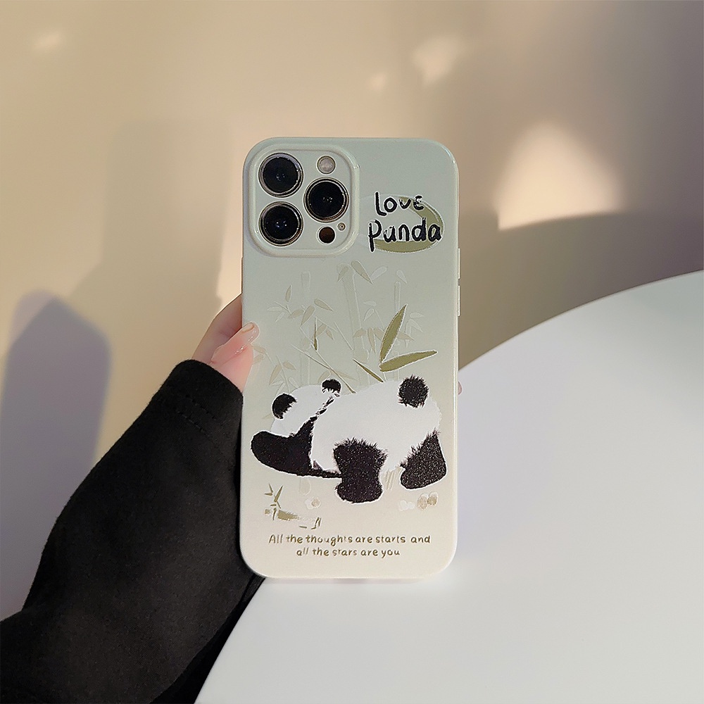 IPHONE Lucu Berbulu Panda Dan Bambu Cahaya Rumput Hijau Perlindungan Penuh Lembut Hewan Ponsel Case Cover Untuk Iphone11 12 13 14 PLUS PRO MAX