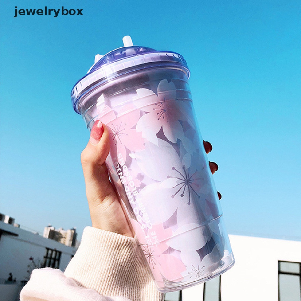 [jewelrybox] Gelas Plastik Sakura 480ml Dengan Sedotan Dan Tutup BPA Free Double Wall Dewasa Botol Air Minum Tea Cup Kawai Rumah Kantor Hadiah Butik