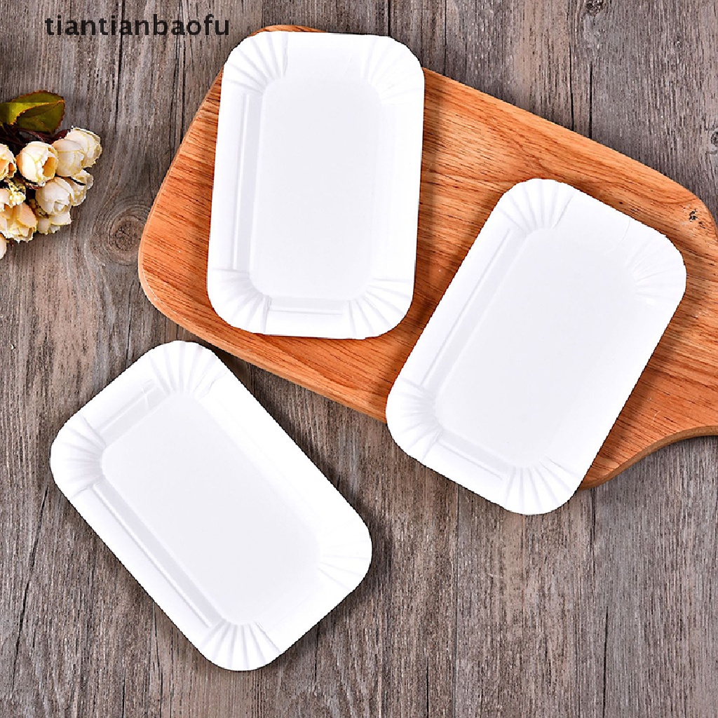 [tiantianbaofu] 50/100pcs Rectangular Cake Tray White Paper Plate Piring Kertas Makan Sekali Pakai Butik