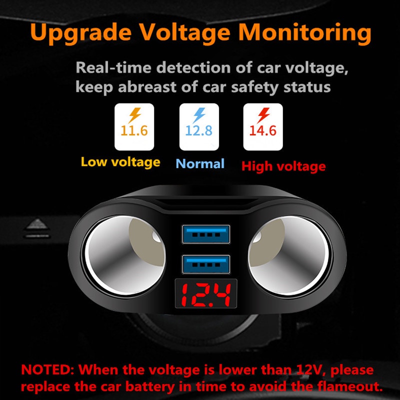 4 in 1 Car Charger Cas Mobil 3.1A Fast Charging dengan Monitor Voltage 2 Cigarette Lighter Socket