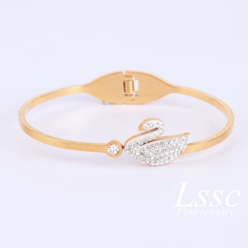 Gelang Titanium Wanita Anti Karat Angsa Swan Permata Cantik Emas 18K Dewasa Bangle Fashion Korea Aksesoris Perhiasan