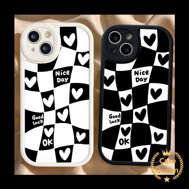 IPHONE Lucu Blok Tidak Teratur Hitam Putih Cinta Hati Kompatibel Untuk Iphone11 13 14 12 Pro Max 7plus XR 6s 7 6 8 plus XS Max X SE 2020 Pasangan Casing Soft Tpu Back Case