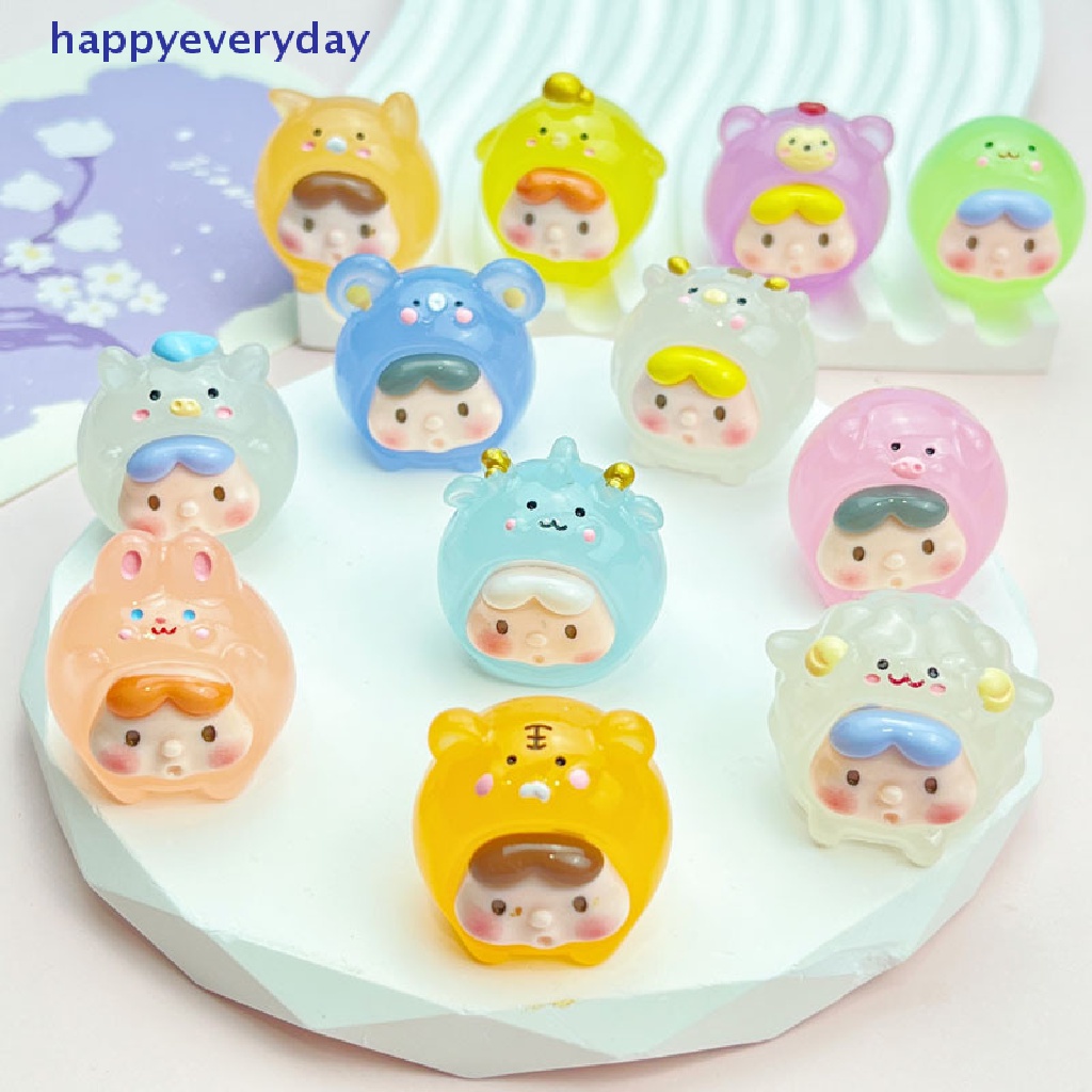 [happy] Kawaii Mini 2cm Resin Bercahaya Kartun Tanda Zodiak Cina Miniatur Patung [ID]