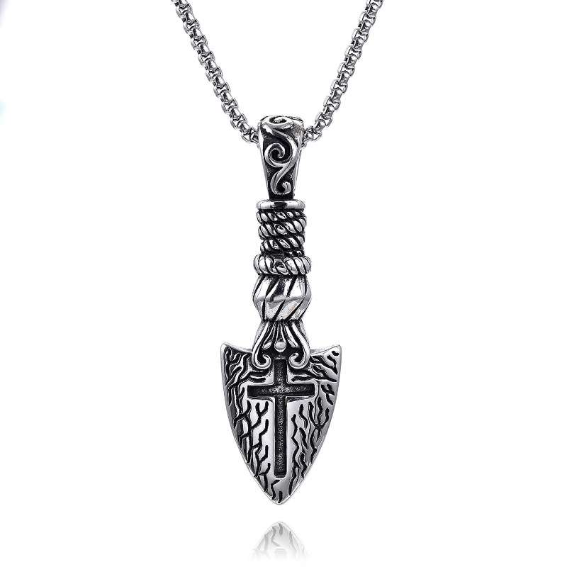 [X C Kalung] Baru Silvery Vintage Viking Salib Tombak Baja Titanium Liontin Punk Hip Hop Stainless Steel Kalung Hadiah Pesta Ulang Tahun Untuk Pria Dan Wanita