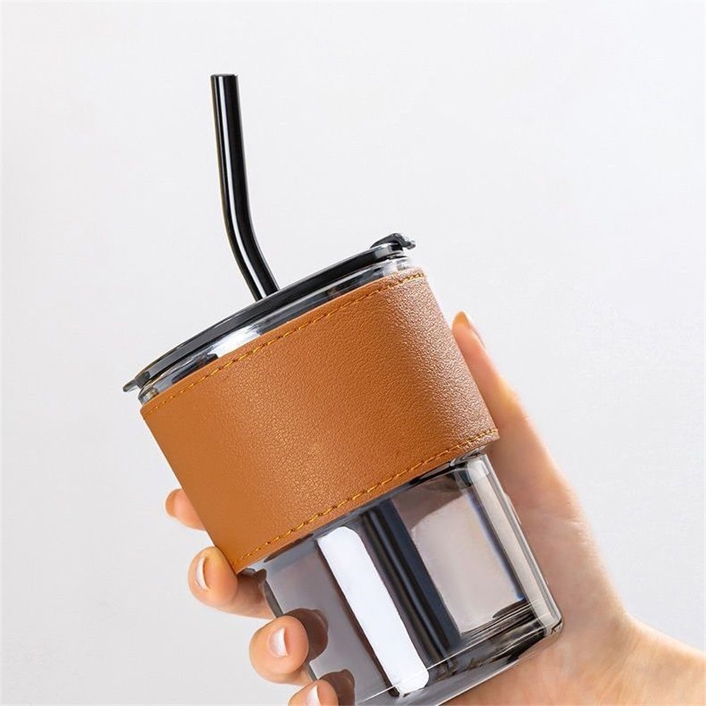 Ins Style Gelas Kaca Dengan Sedotan Portabel Bentuk Bambu Gelas Air Kopi Susu 450ml