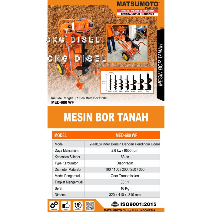 MESIN BOR TANAH EART AUGER + MATA BOR TANAH 100 MM 4 INCH MED-680 WF