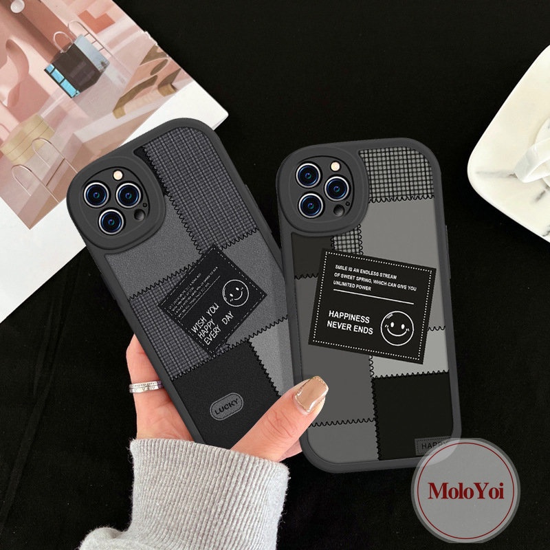 Case Kompatibel Untuk iPhone 7Plus 11 13 12 14 Pro Max XR 6s 6 7 8 Plus X XS Max SE 2020 Pasangan Lucu Smiley Jahitan Ins Fashion Label Hitam Lembut Tpu Phone Cover