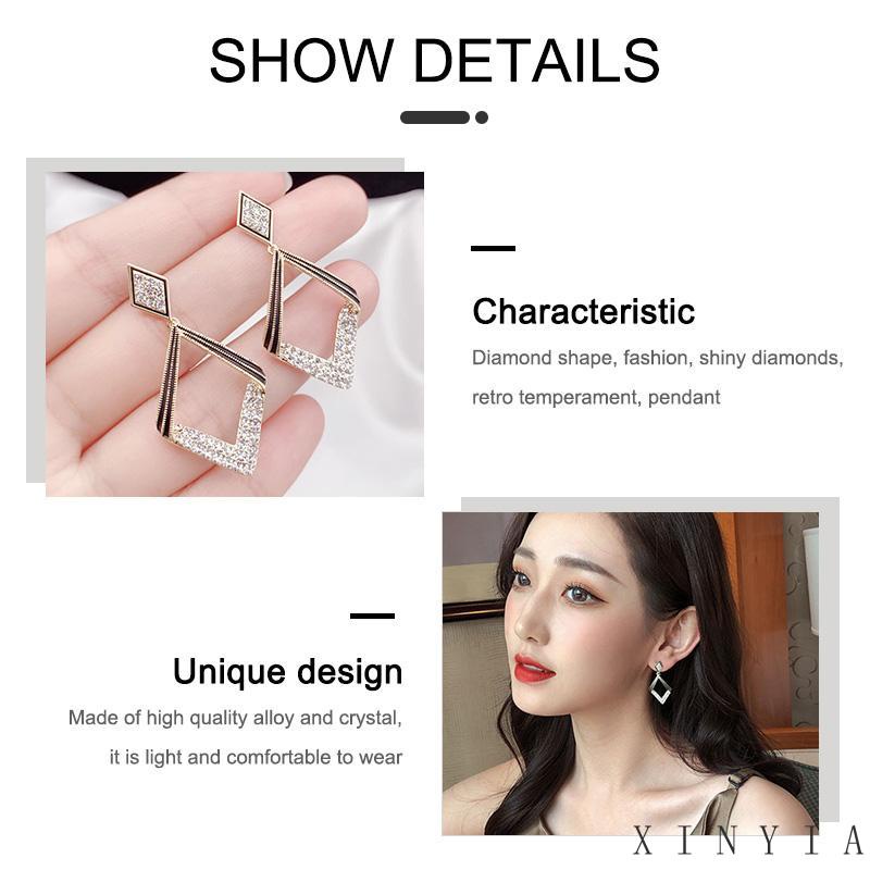 【Bayar di tempat】Anting Mewah Ringan Temperamen Gaya Panjang Wanita Electroplated Belah Ketupat Geometris