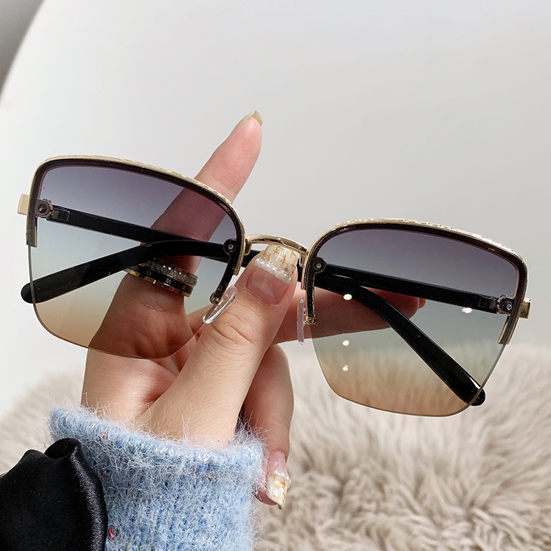 (YUZHU) Oversized Metal Half Rim Sunglasses Untuk Wanita Vintage Fashion Cat Eye Tiga Warna Gradient Sunglasses