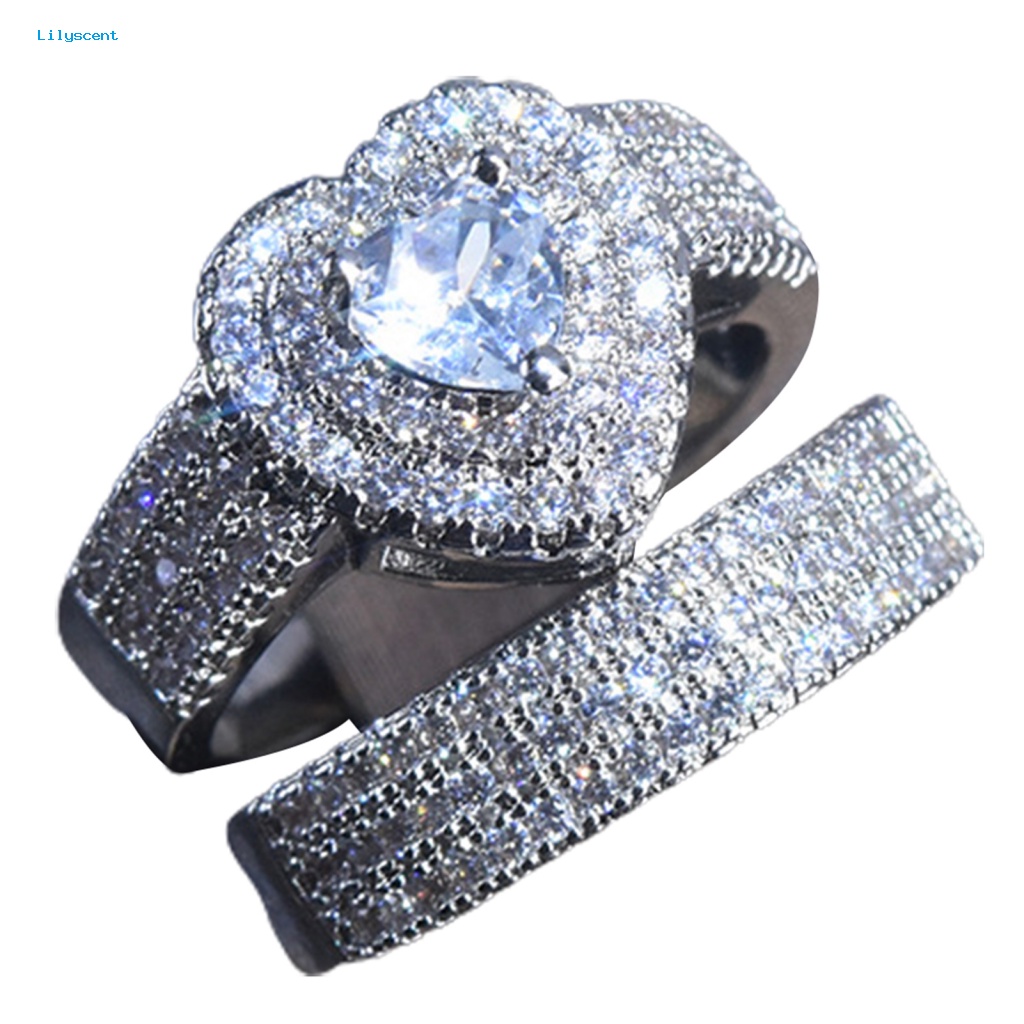 Lilyscent 2Pcs/Set Menawan Perhiasan Cincin Wanita Jewelry Lover Bentuk Hati Janji Rings Shiny