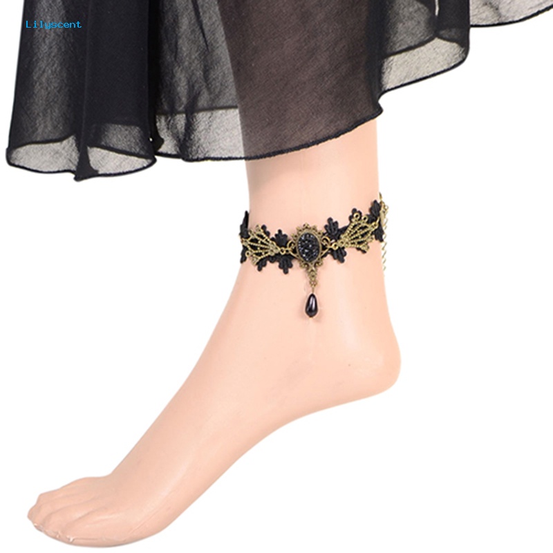 Lilyscent Wanita Vintage Hitam Bunga Renda Gelang Kaki Rantai Ankle Sandal Gelang Kaki Barefoot