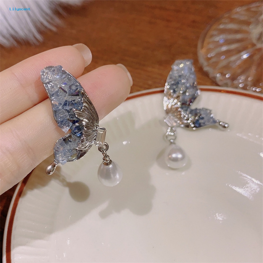 Lilyscent 1pasang Dainty Menjuntai Anting Fashion Perhiasan Rusak Kristal Imitasi Kupu-Kupu Sayap Stud Earrings Elegan