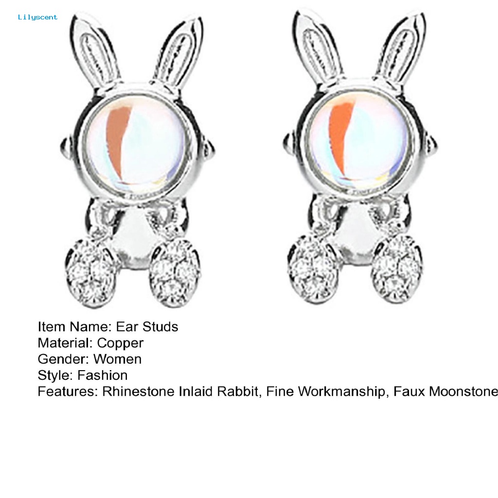 Lilyscent 1pasang Giwang Telinga Tembaga Perhiasan Aksesoris Berlian Imitasi Hias Kelinci Bunny Ear Studs Warna Silver