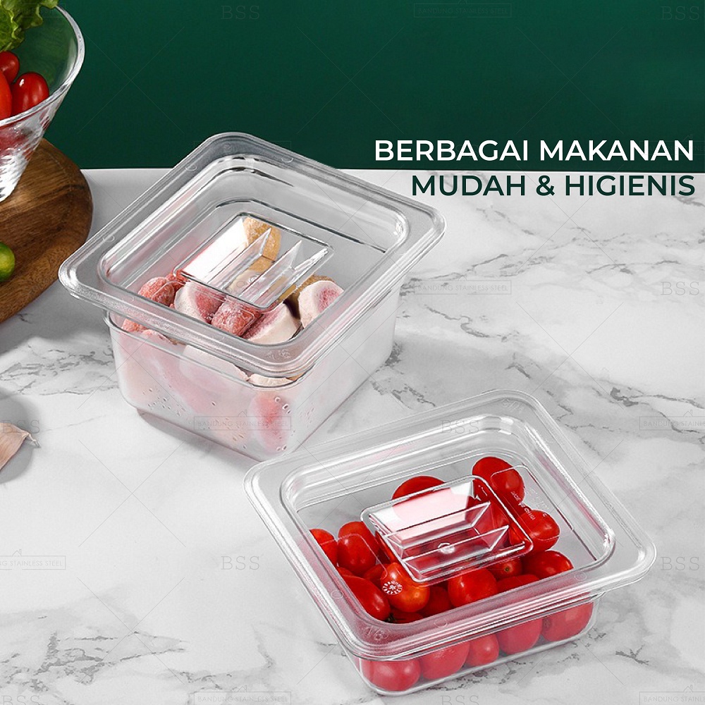 Gastronom Akrilik Food Pan 1/1/6 Kedalaman 6.5cm Wadah Penyimpanan Sayur Buah Daging Makanan Tempat Saji Prasmanan Multifungsi