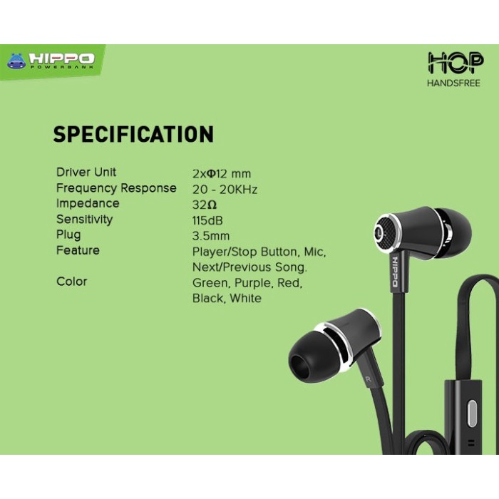 Hippo Earphone Hop Super Bass Jack 3.5 mm Wired Handsfree Android Original Earbuds Headset