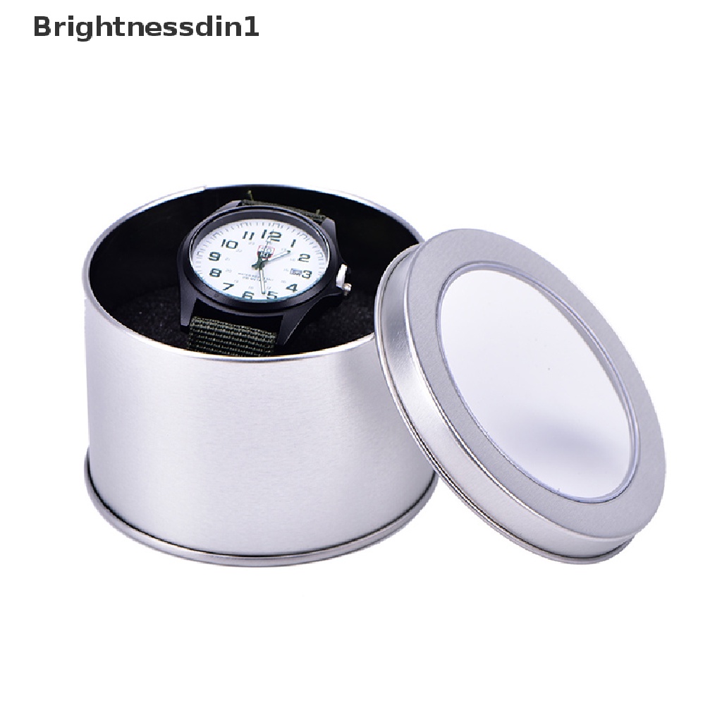 [Brightnessdin1] Kotak Jam Tangan Perhiasan Logam Bulat Silver Display Case Dengan Bantalan Watch Box Holder Butik