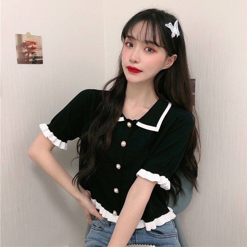 TELLY ➡️ BJ-016 Top Korea Baju Rajut Lengan Pendek Kaos Import Atasan Rajut Wanita