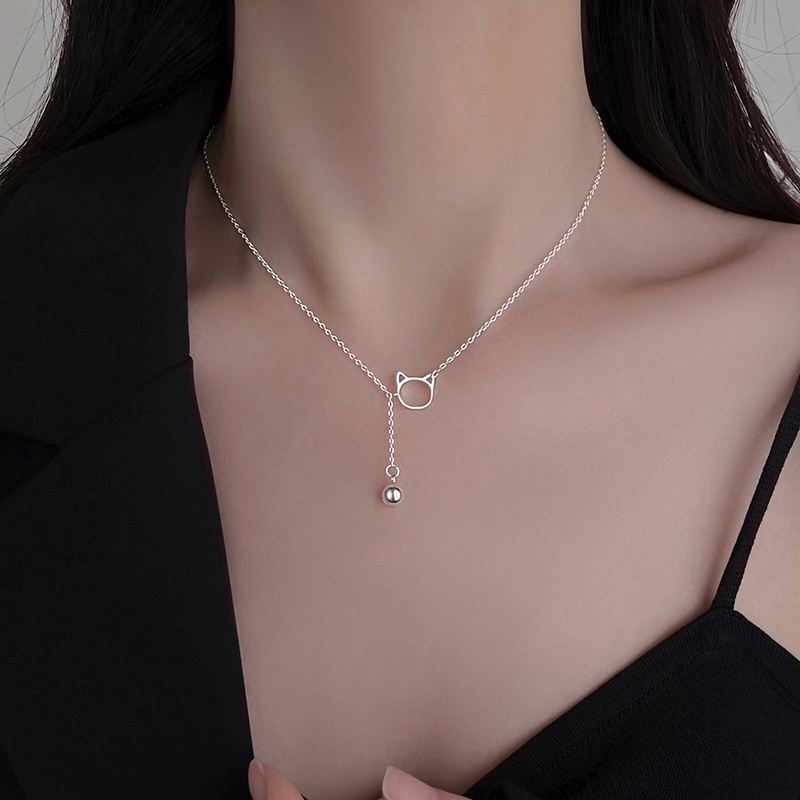 Papaozhu Lucu S925 Perak Kucing Bell Liontin Kalung Untuk Wanita Perempuan Gaya Anak Kucing Tulang Selangka Rantai Kreatif Aksesoris Leher Musim Panas All-match Perhiasan