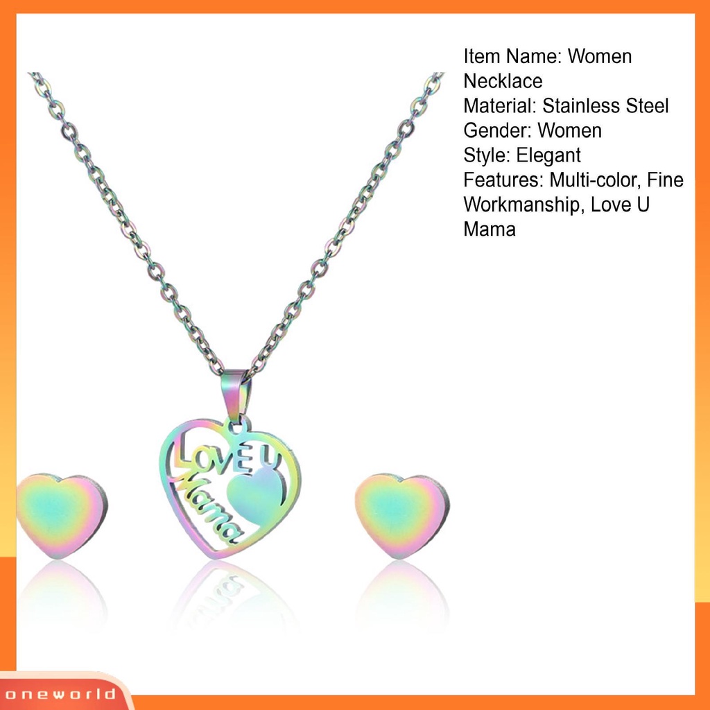 [ONE] 2 Pcs/Set Wanita Kalung Berongga Cinta U Mama Hadiah Hari Ibu Warna Pelangi Cinta Kecil Hati Telinga Studs Earrings Kit Fashion Perhiasan