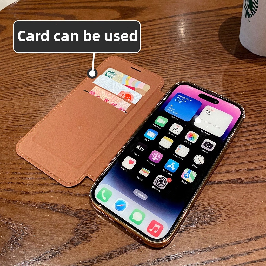 Premium Leather Card Holder Metal Magnet Ring iPhone 14 Pro Max case iPhone 13 11 12 Pro Max14 plus Pelindung Kamera Promax Casing Lensa Mewah Transparan Lapisan shock