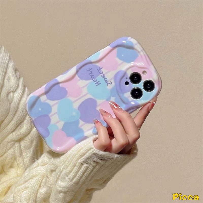 IPHONE 3d Wavy Curved Edge Shockproof Airbag Glossy Case Kompatibel Untuk Iphone7 8 6s 6 Plus 11 13 12 14 Pro Max XR X XS Max SE 2020 Ins Lukisan Cat Minyak Cinta Hati Lembut Tpu Cover