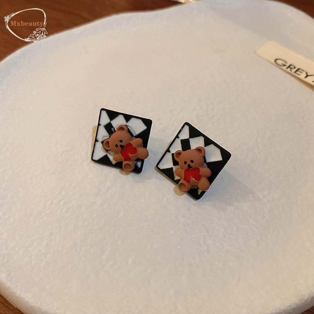 Mxbeauty Bear Stud Earring Minimalis Temperamen Wanita Hitam Kotak Putih Kartun Gadis Gaya Korea Earrings