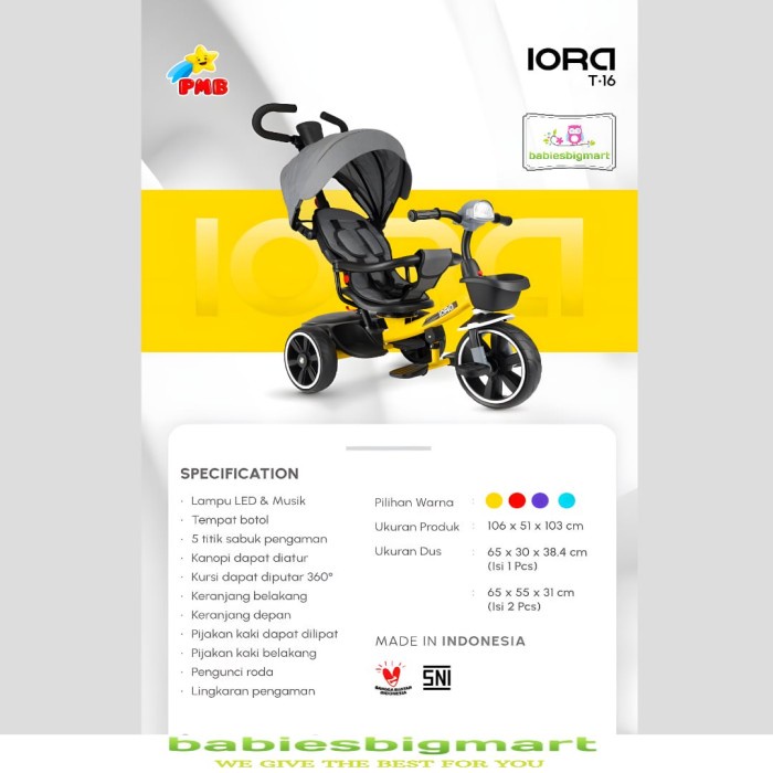 Sepeda Anak Roda 3 Tiga Pmb Iora T 16 Sepeda Stroller Bisa Atur Sandar Multifungsi Terbaru