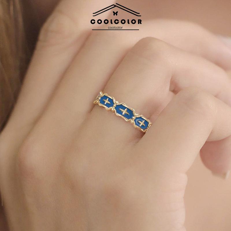 COD❤️Cincin Wanita Gold Gaya Korea disesuaikan Glasir Biru Salib Pola Enamel Untuk Unisex- cl