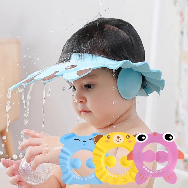 3warna Kartun Adjustable Topi Mandi Bayi 1pc Aksesoris Mandi Anak Cuci Lembut Topi Rambut Penutup Kepala Tahan Air Pelindung Telinga Anak Visor Mandi