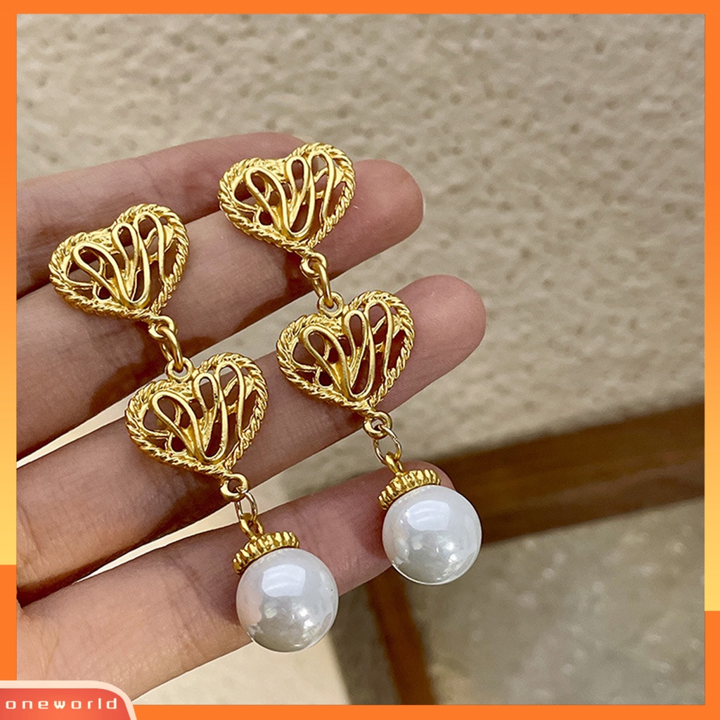 [EONE] 1pasang Drop Earrings Electroplating Berlebihan Liontin Geometris Menawan Dress Up Hypoallergenic Hati Emas Faux Pearl Earrings Fashion Perhiasan