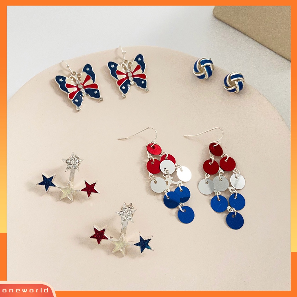 [EONE] 1pasang Anting Multi-Gaya Pola Geometris Vintage Tidak Alergi Tidak Sakit Memakai Menghias Hypoallergenic Merah Putih Biru Patriotik Menjuntai Anting Wanita Perhiasan