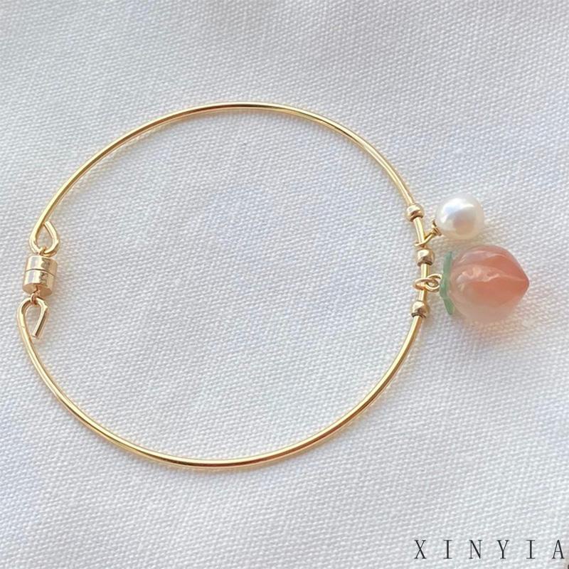 【Bayar di tempat】Gelang Tangan Rantai Liontin Buah Peach Warna Pink Untuk Wanita