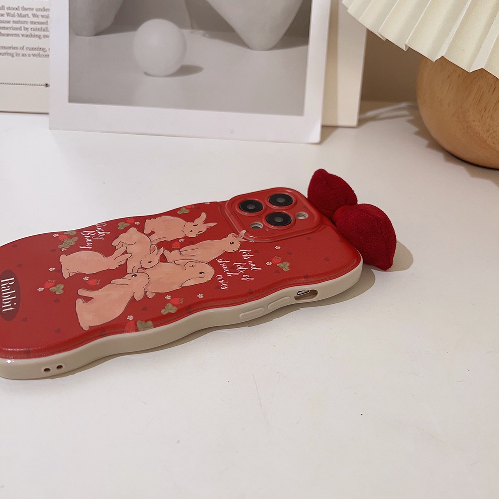 IPHONE Kartun Kelinci Rabbits Vintage Merah Perlindungan Penuh Dengan Kain 3D Busur Ponsel Case Cover Untuk Iphone11 12 13 14 PLUS PRO MAX