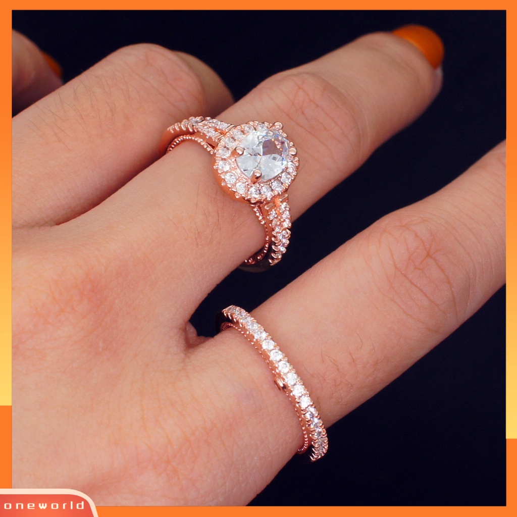 [EONE] 2 Pcs/Set Fashion Cincin Geometris Berlian Imitasi Bertatahkan Elektroplating Hypoallergenic Bersinar Dekorasi Perhiasan Aksesori Lady Bridal Pernikahan Cincin Pernikahan Aksesori