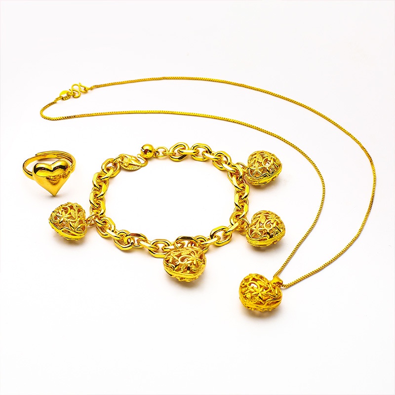 Goldkingdom Perhiasan Fashion 24 K Bangkok Aksesoris Tempat Cinta Gelang Kalung Cincin Berongga Hati Liontin Set