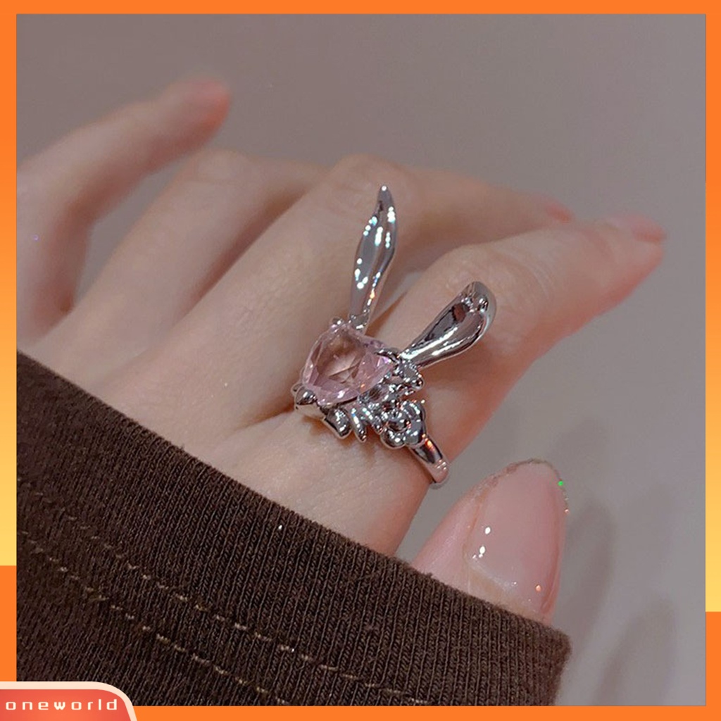 [EONE] Jari Cincin Adjustable Indah Berlian Imitasi Merah Muda Hati Indah Telinga Kelinci Wanita Jari Cincin Hadiah Hari Valentine