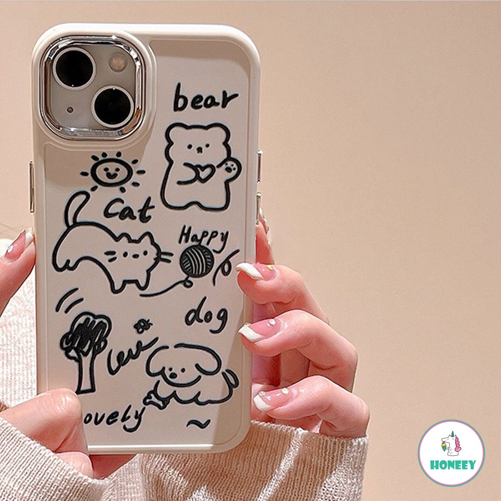 IPHONE Lucu Graffiti Line Animals Bear Happy Cat Phone Cover Case Untuk Iphone14 13 12 11 Pro Max Anjing Yang Indah Jatuh Bukti Soft Cover