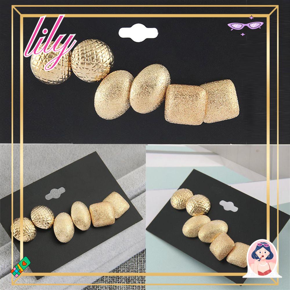 Lily 3pasang/Set Scrub Gold Anting Wanita Perhiasan Logam Bulat Oval