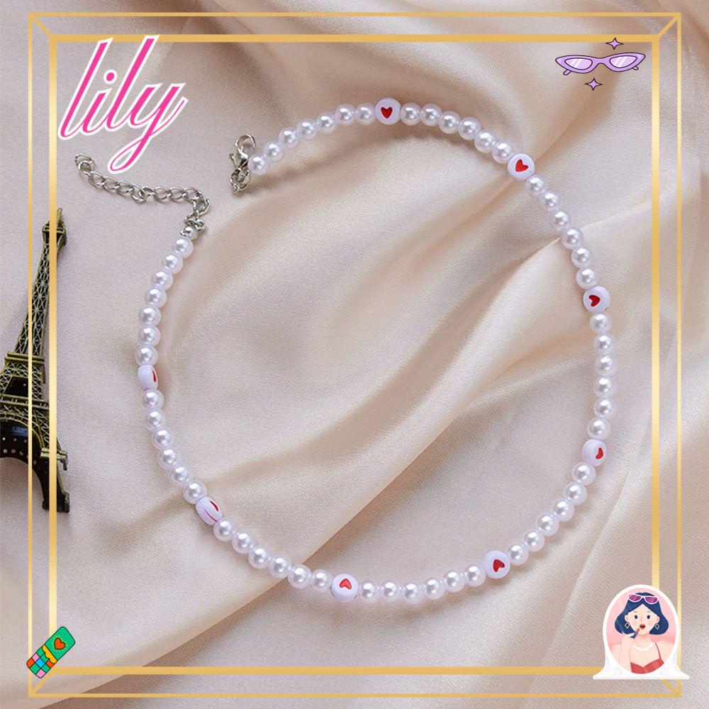 Lily Pearl Beads Necklace White Heart Pattern Hadiah Pasangan Elegan