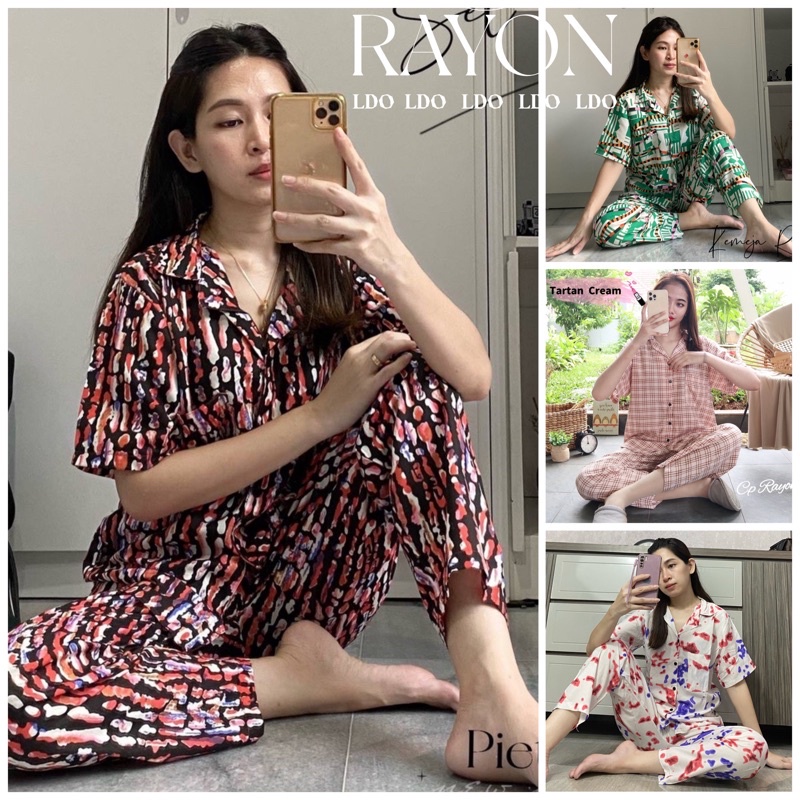 IZANY Piyama Kotak baju tidur CP Allsize One Set / Daily Set Kemeja Rayon Dischart dan Saten Apple