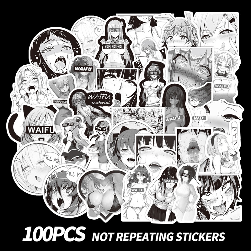 (drea) 100pc Stiker Anime Hitam-Putih WAIFU Snowboard Laptop Bagasi Gitar Koper//