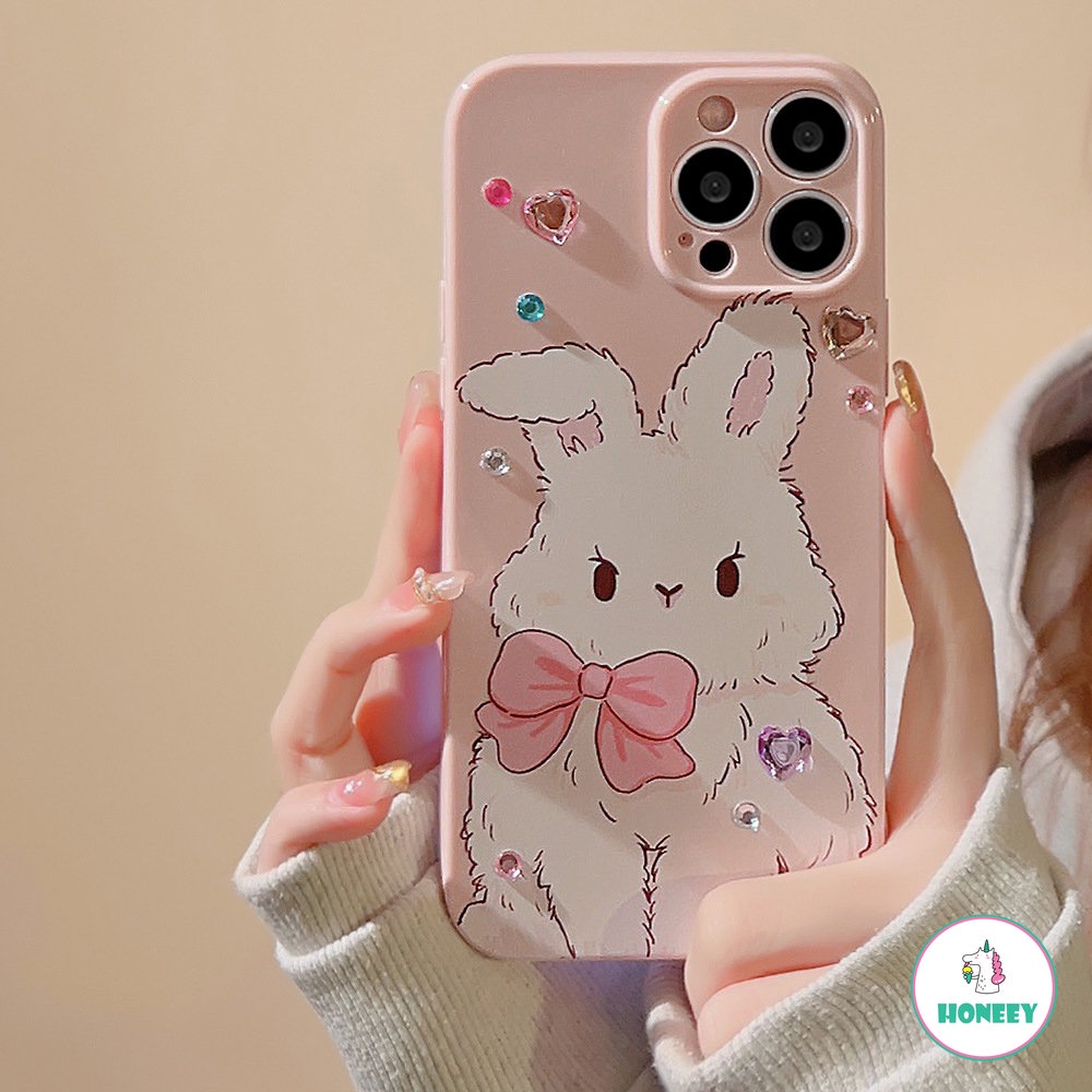 IPHONE Pink Berlian Imitasi Dasi Kupu-Kupu Kelinci DIY Phone Case Untuk Iphone14 13 12 11 Pro Max X XR XSMAX 78 14 Plus Case Kartun Lucu Gadis Manis Soft Cover