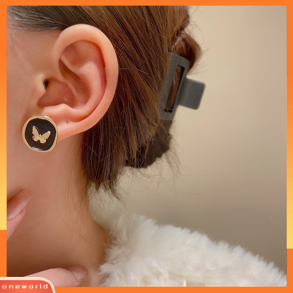 [EONE] 1pasang Ear Studs Retro Gaya Perancis Menjatuhkan Minyak Tidak Teratur Bulat Hadiah Kepribadian Hitam Emas Kupu-Kupu Wanita Anting-Anting Fashion Perhiasan
