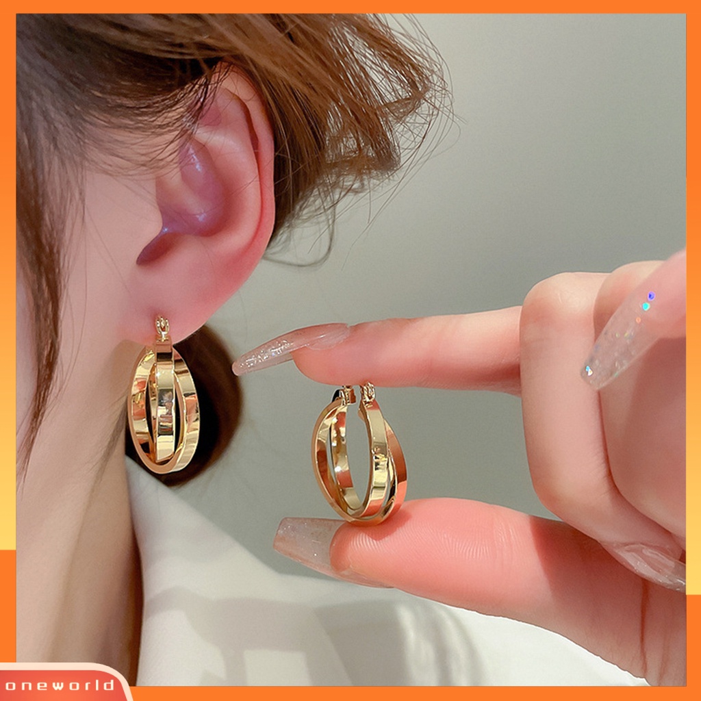 [EONE] 1pasang Anting Hoop Dual Cross Rings Geometris Temperamen Elegan Dipoles Hadiah Paduan Emas Logam Lingkaran Anting Perhiasan Fashion