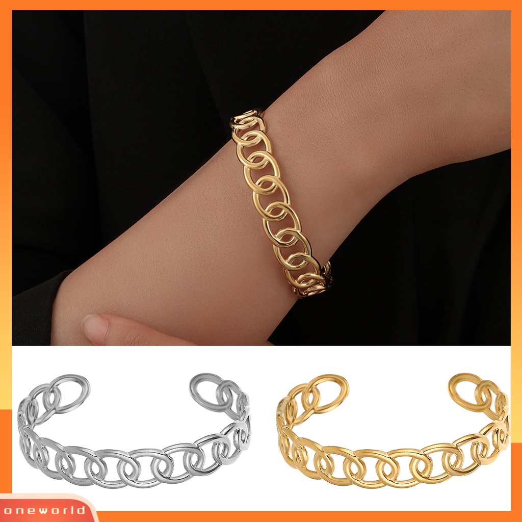 [EONE] Wanita Gelang Bentuk C Retro Rantai Stainless Steel Gaya Perancis Kerawang Bangle Hadiah Ulang Tahun
