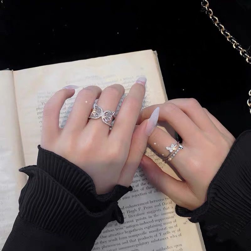 Cincin Korea Y2k Silver Butterfly Ring Jari Zirkon Elegan Untuk Aksesoris Perhiasan Wanita