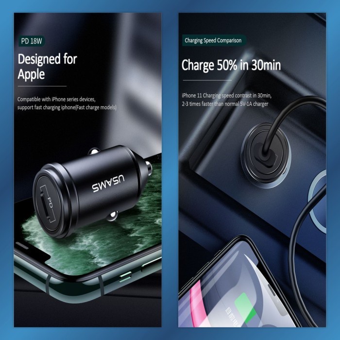 Usams C14 Adapter Car Charger Mobil Pd 3.0 18W Fast Charging Type C