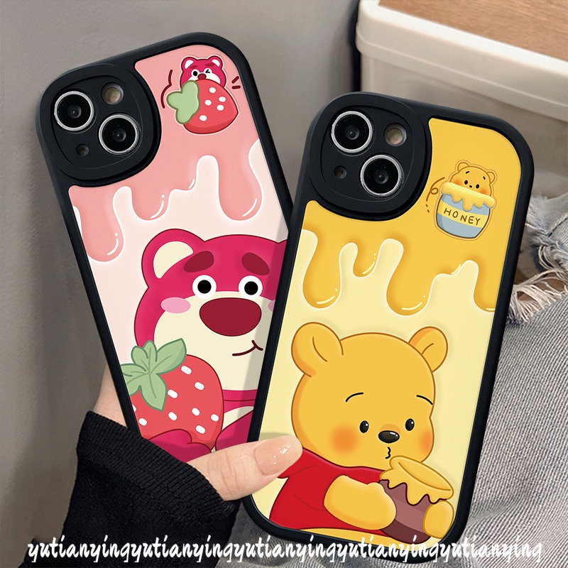 IPHONE Fashion Strawberry Bear Lovely Winnie The Pooh Couple Case Kompatibel Untuk Iphone11 14 12 13 Pro Max XS X XR Max 7 6s Plus8 6 Plus SE 2020 Kartun Manyo Lembut Shockporoof Cover